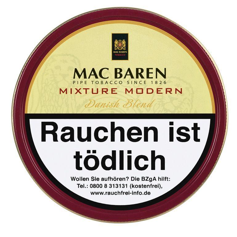 Dunkelrote, runde 100-Gramm-Dose Mac Baren Pfeifentabak Mixture Modern Danish Blend. Dieser milde Pfeifentabak von Mac Baren mit herrlichem Aroma besteht aus Virginia, Cavendish und Burley Tabaken.
