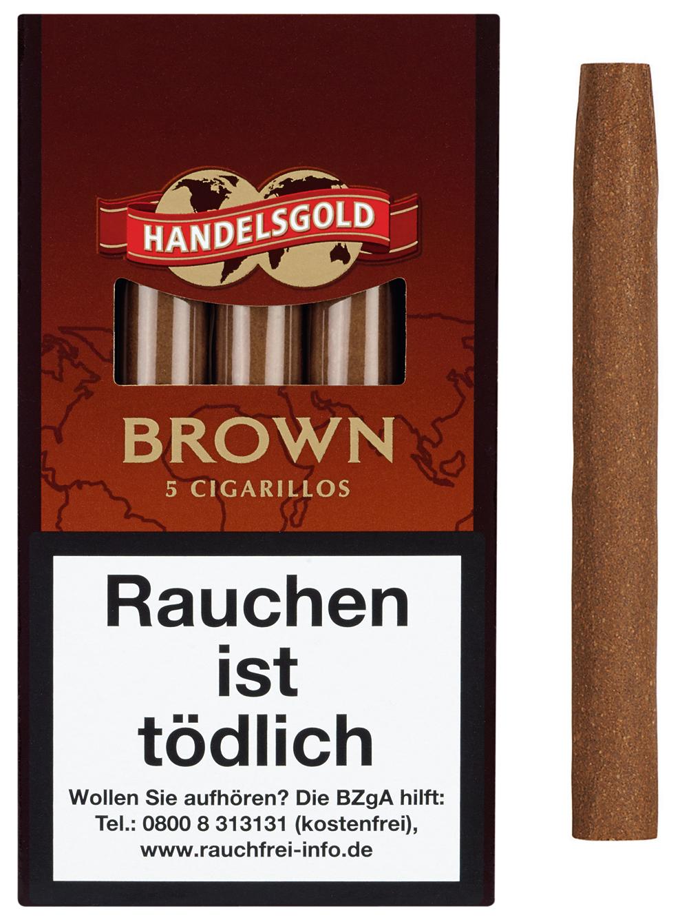 Handelsgold Zigarillos 204 Brown (5 Stück): Braune Packung mit rot-goldenem Etikett und einzelnem Zigarillo daneben.