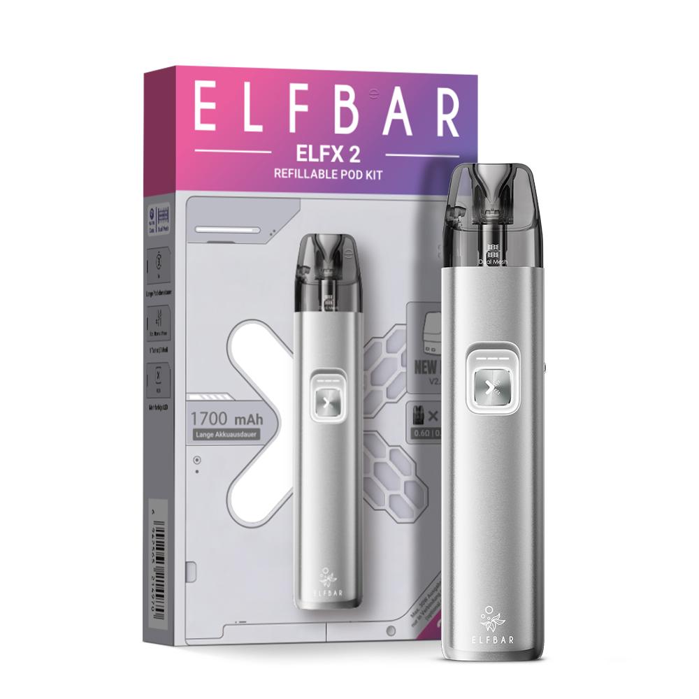 ELFX 2 Titanium Silver Kit von Elfbar, bestehend aus einem silbernen, nachfüllbaren Pod-System mit 1700 mAh Akku und der passenden Produktverpackung.