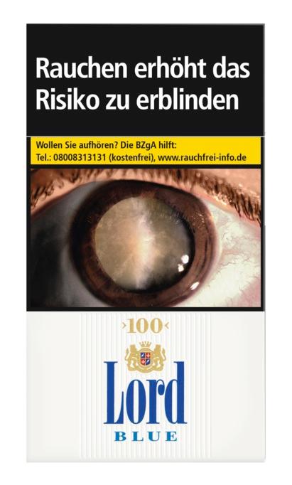 Stange Lord Blue 100 Zigaretten mit 10 Packungen á 20 Stück, inklusive der gesetzlich vorgeschriebenen Warnhinweise auf der weißen Verpackung.