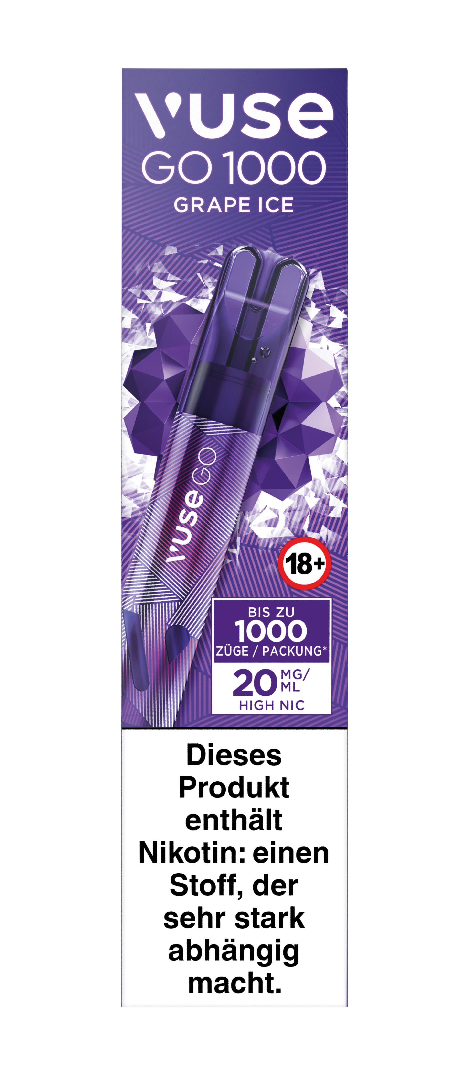 Vuse GO 1000 Grape Ice Einweg E-Zigarette mit Dunkle Traube und kühlem Aroma, lila-weiß gestreiftes Pen-Design, 1 Stück.