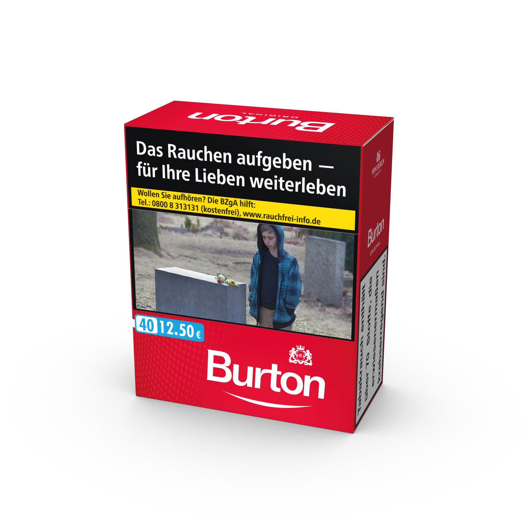 Burton Zigaretten Original XXXL in roter und schwarzer Packung, 40 Stück. Die Packung zeigt ein schwarz-weißes Bild einer Person vor einem Grabstein und einen gelben Banner mit dem Hinweis "Das Rauchen aufgeben – für Ihre Lieben weiterleben".