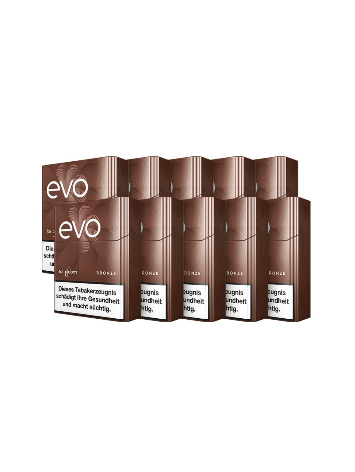 Stange mit 10 Packungen EVO Tobacco Sticks Bronze, inklusive gesetzlichem Warnhinweis zur Gesundheit auf der weißen Verpackungskennzeichnung.