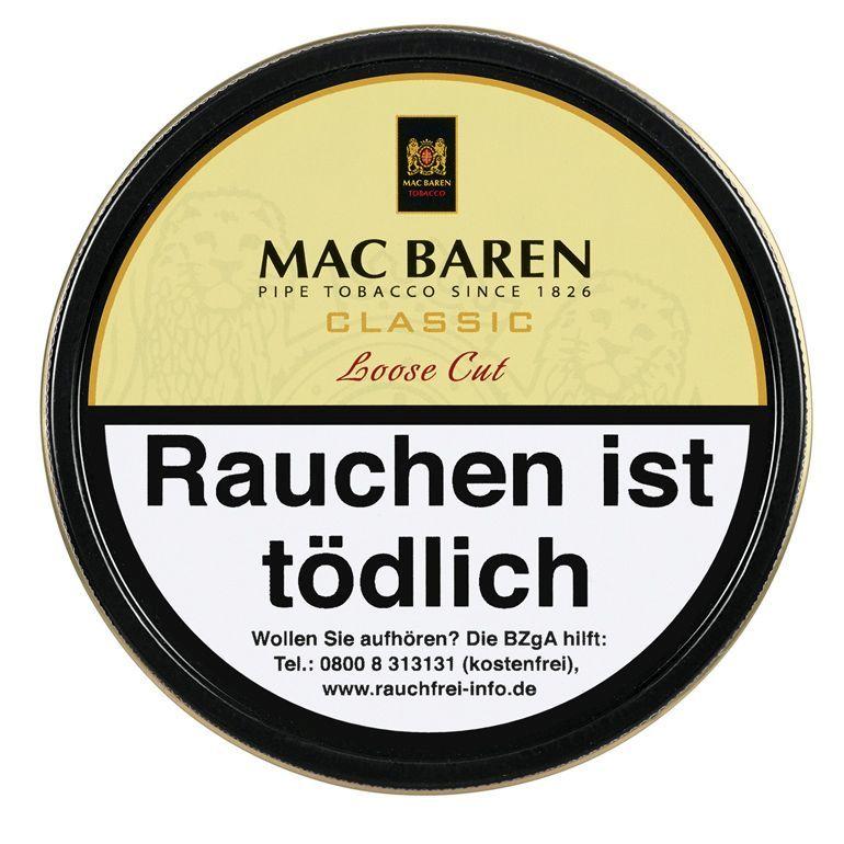 Mac Baren Classic Loose Cut Pfeifentabak in der 100-Gramm-Dose, eine Mischung aus Virginia und Black Cavendish Tabaken mit Vanillecreme-Geschmack.