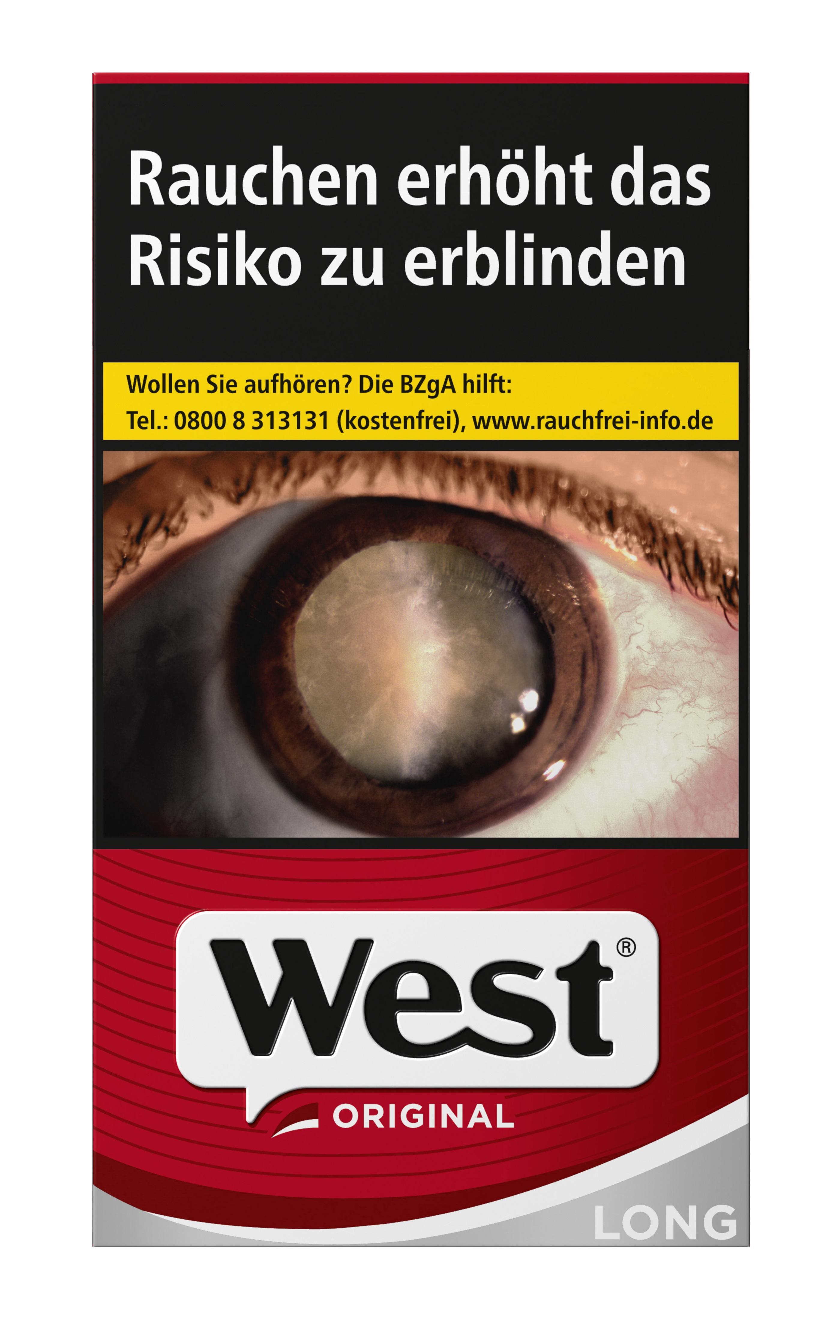 West Original Long Zigaretten von West als Packung mit 20 Stück im rot-weißen Design.