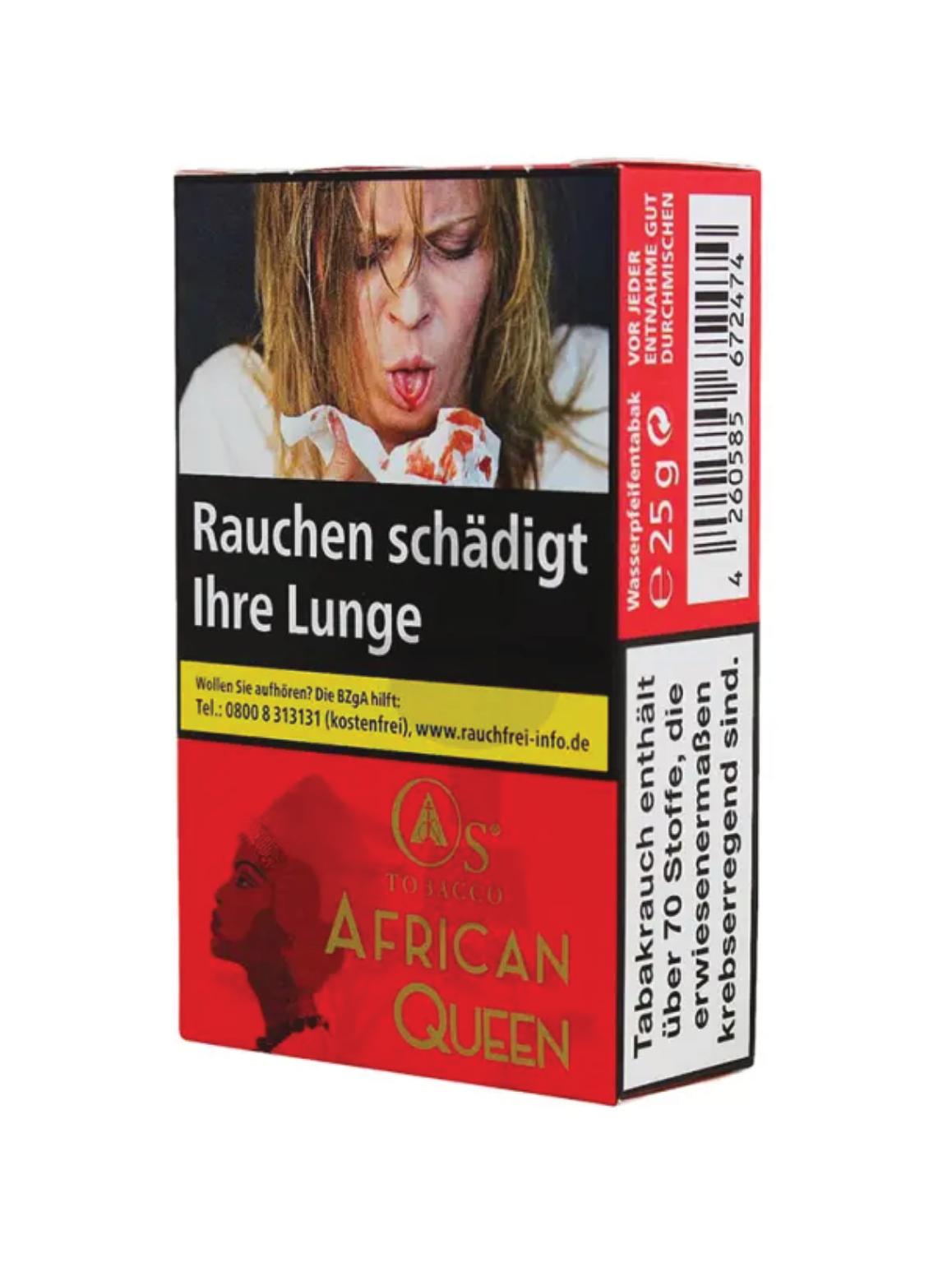 Os Tobacco African Queen Shisha Tabak in der 25 Gramm Packung mit markantem Logo und Abbildung eines Frauenporträts in Rot und Schwarz.