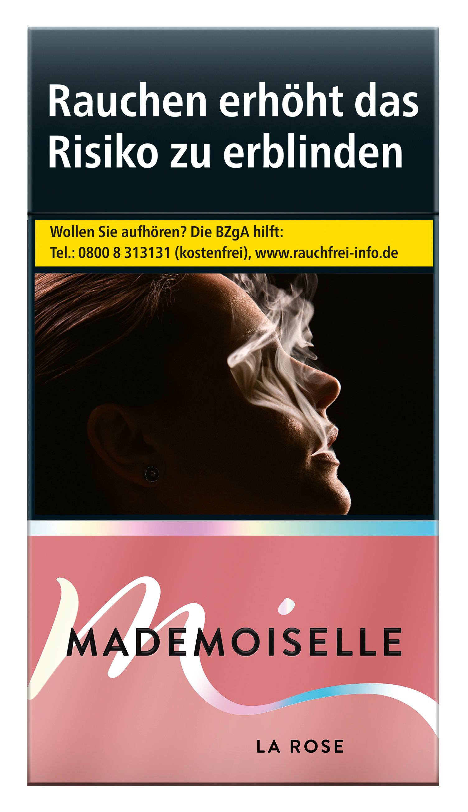 Mademoiselle La Rose Zigarettenpackung mit 20 Stück Inhalt, schwarzem Design, Warnhinweis und Profil-Abbildung einer Person.