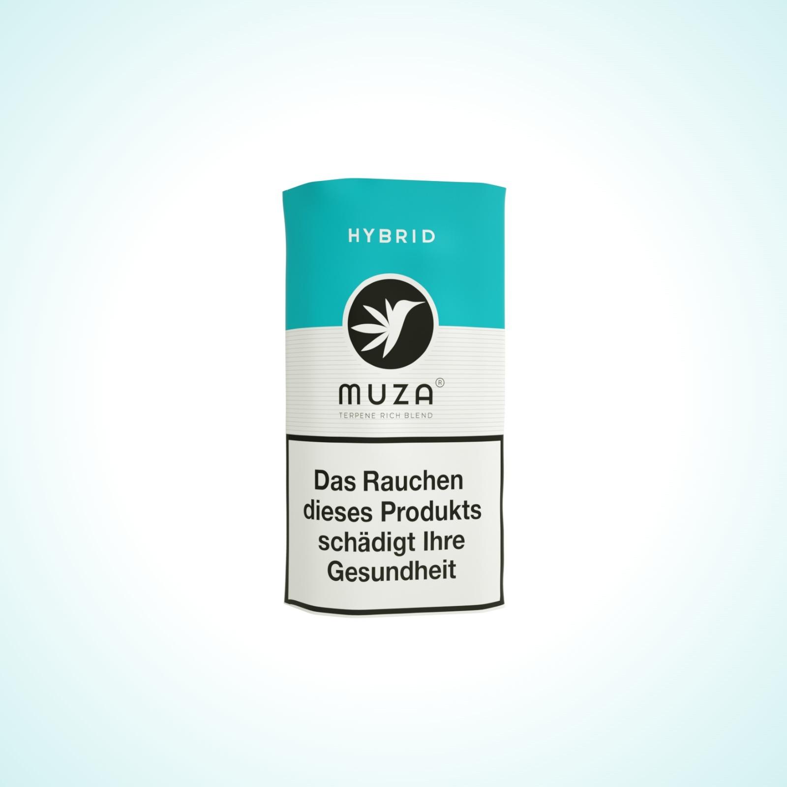MUZA Hybrid Tabakersatz auf Eibisch-Basis in einer 20-Gramm-Packung mit weißem Etikett, Markenlogo und gesundheitlichem Warnhinweis.