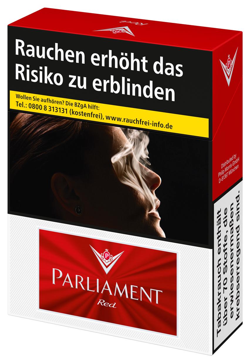 Parliament Red Zigaretten, 22 Stück, in rot-weißer Packung mit Gesundheitswarnhinweisen und Markenlogo.