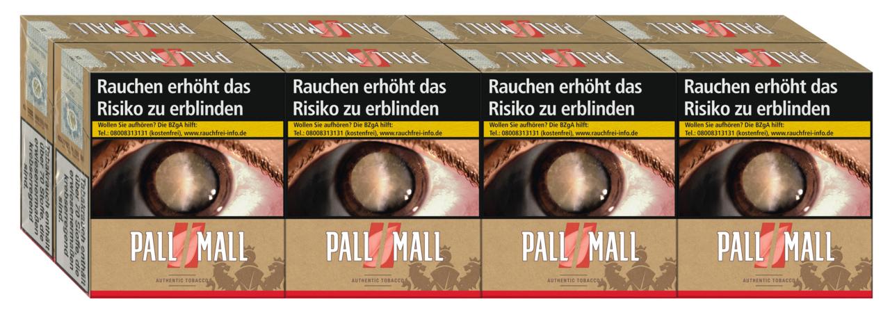 Eine Stange Pall Mall Authentic Red Zigaretten, bestehend aus 8 Packungen à 33 Stück, in braun-roter Kartonverpackung mit Augen-Warnhinweis 'Rauchen erhöht das Risiko zu erblinden'.