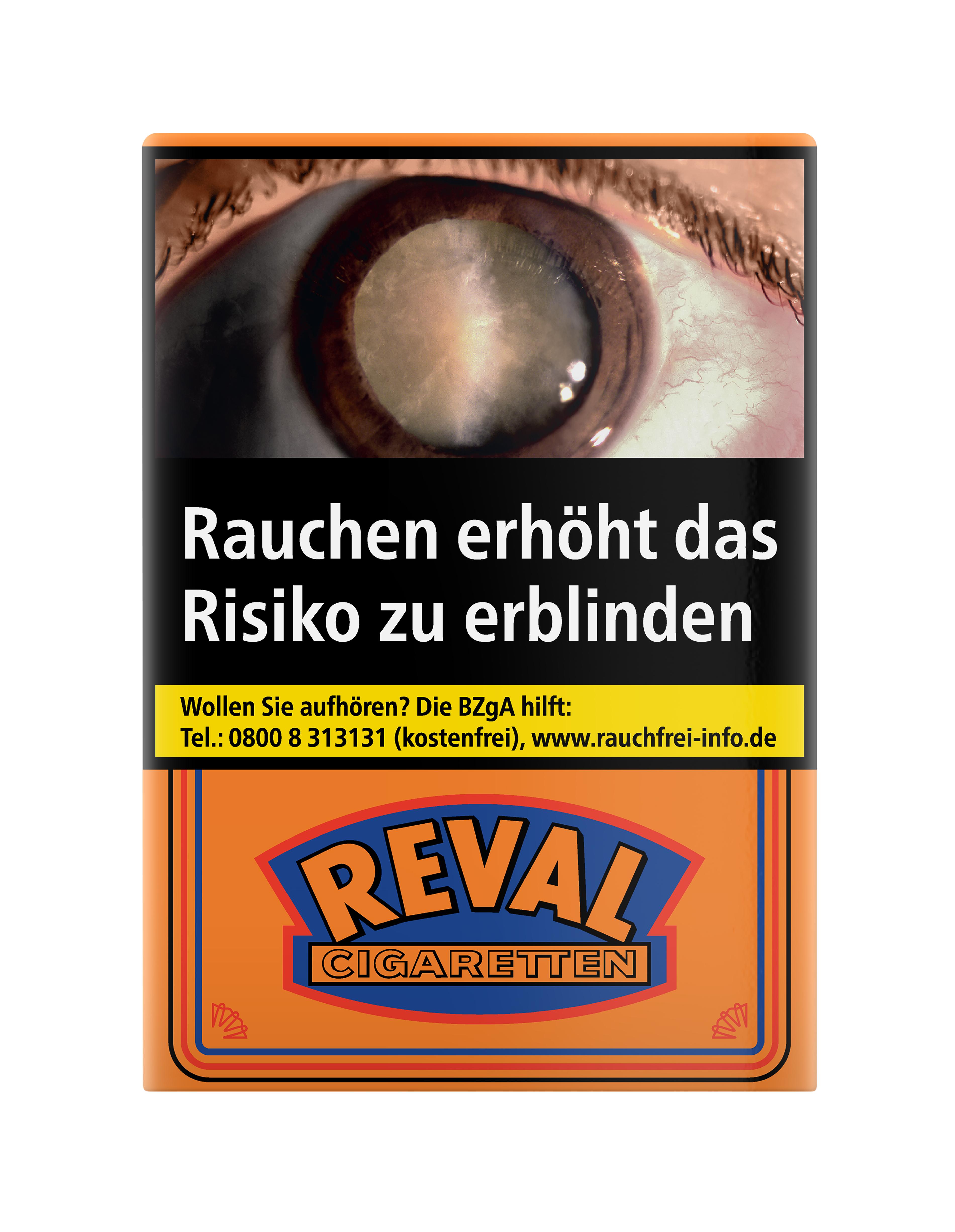Orangefarbene Zigarettenpackung Reval ohne Filter mit schwarz-weißem Warnhinweis inklusive Augenmotiv und dem Text 'Rauchen erhöht das Risiko zu erblinden', angeboten als Stange mit 10 Packungen à 20 Stück.