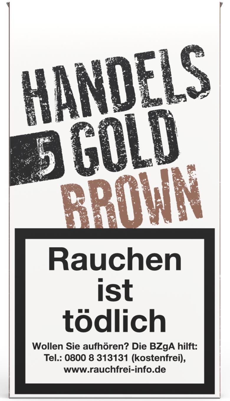 Handelsgold 204 Brown Zigarillos in der 10er-Stange mit insgesamt 50 Stück inklusive gesetzlicher Warnhinweise auf der weißen Verpackung.