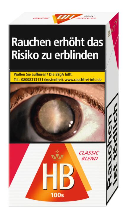 Packung HB Classic Blend 100 Zigaretten der Marke HB, eine Verkaufseinheit mit 20 Stück. Die weiße Schachtel ist mit einem markanten rot-orangen Dreieck und dem HB-Logo versehen.