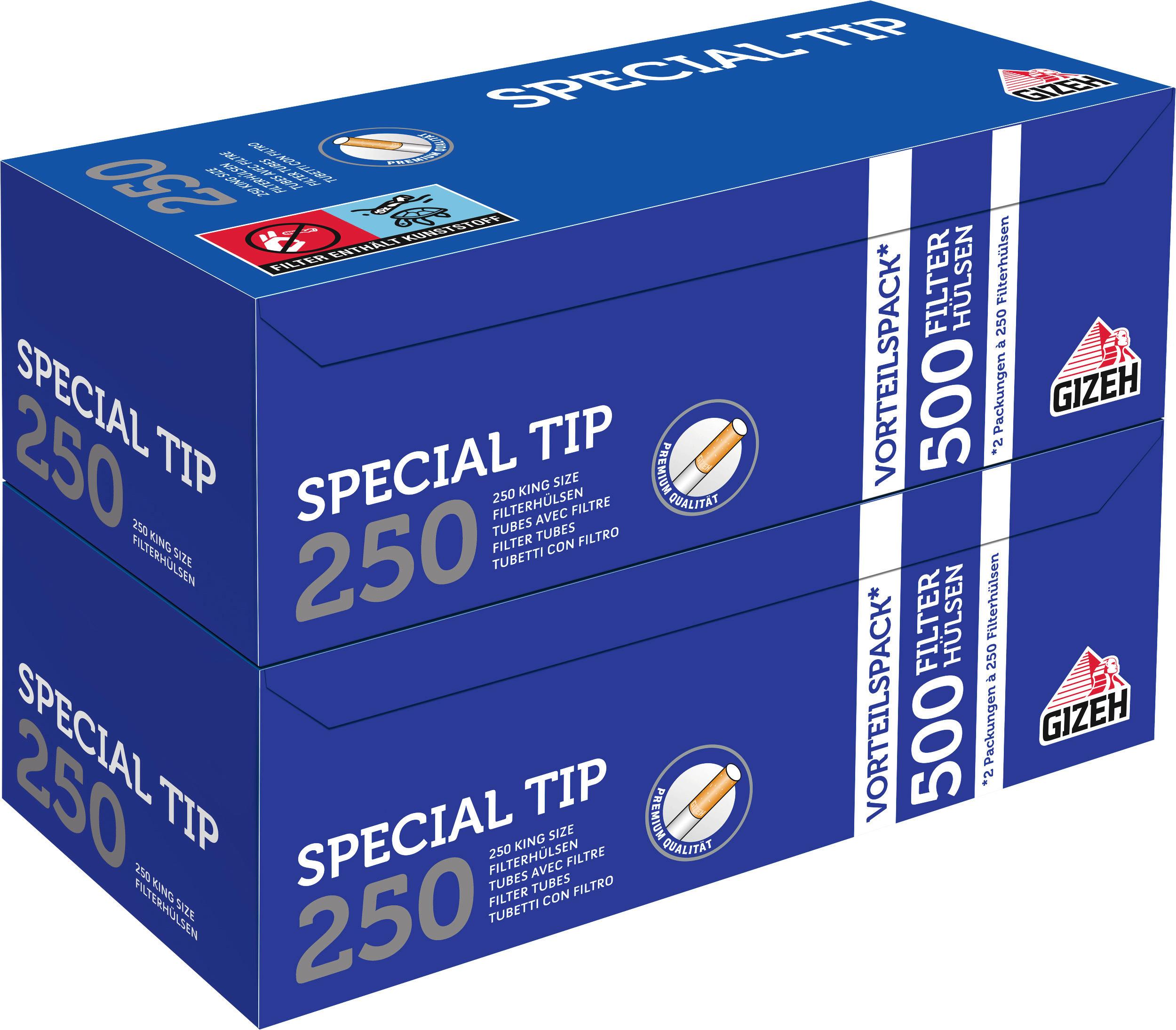 Gizeh Special Tip Filterhülsen als Vorteilspack mit 500 Stück in zwei aufeinandergestapelten blauen Verpackungen.
