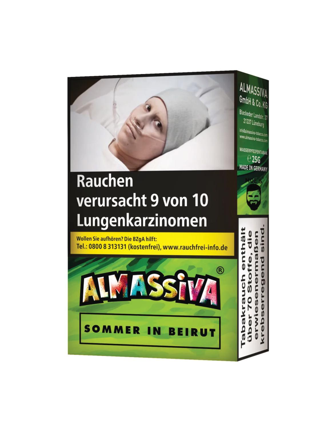 Al Massiva Sommer in Beirut Shisha Tabak 25 Gramm Packung mit Produktinformationen und gesetzlichen Warnhinweisen in deutscher Sprache.