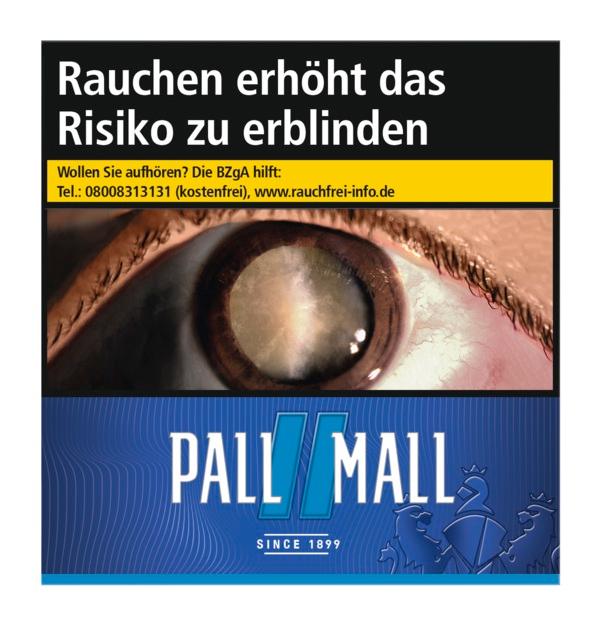 Eine blaue Packung Pall Mall Zigaretten Blue Hercules 1 Packung mit gelbem Kopfbereich, Gesundheitswarnung und großem weißem Pall Mall Logo.