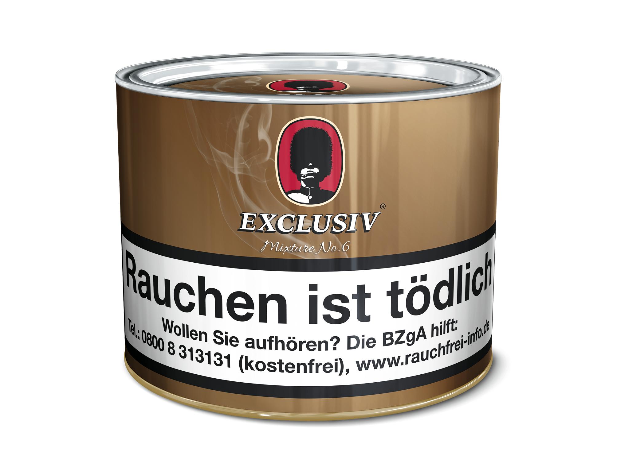 Excl. Pfeifentabak Mixture No. 6 (Sherry & Cherry) 1 Dose 100 Gramm Braune, zylindrische Dose Excl. Pfeifentabak Mixture No. 6 von Exclusiv aus Metall mit rotem und schwarzem Logo sowie silbernem Deckel, 100 Gramm.