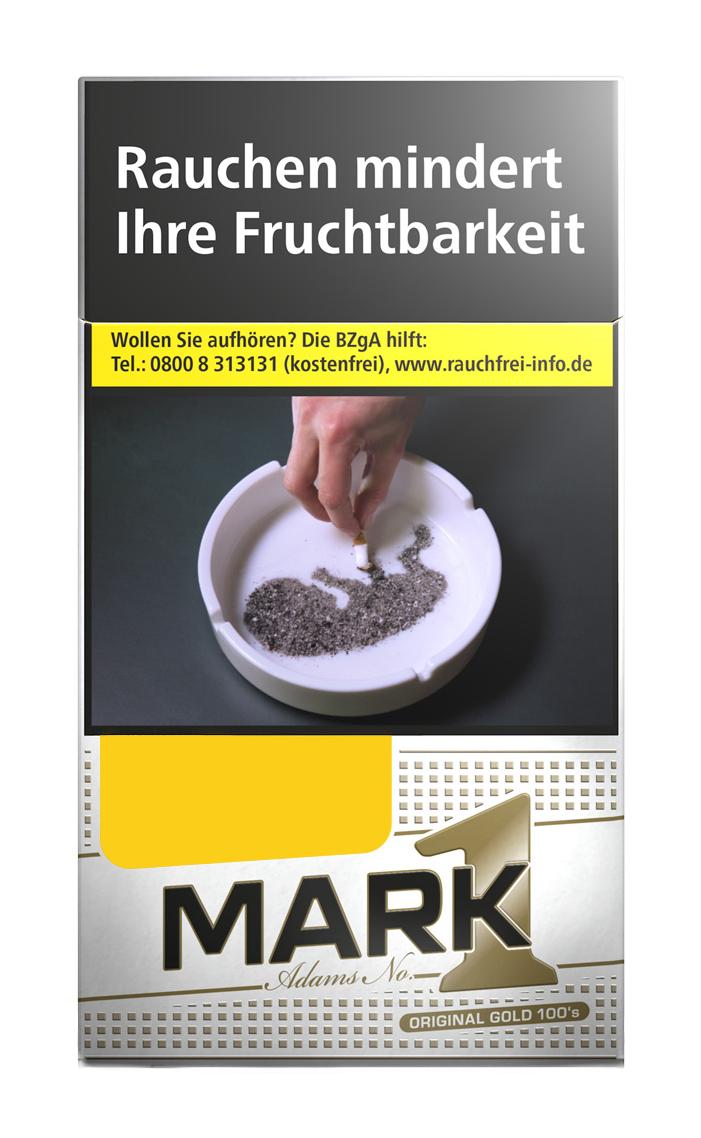 Mark One Gold 100er Zigaretten in der 20 Stück Packung mit American Blend Tabakmischung und dem vorgeschriebenen Warnhinweis zur Raucherberatung.