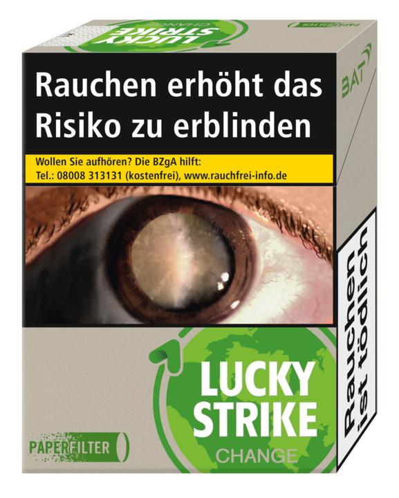 Lucky Strike Change Green Giga Filterzigarette Packung mit Papierfilter und umweltfreundlicher Verpackung.