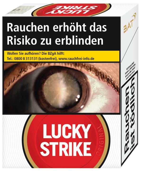 Lucky Strike Red XTRA Zigaretten in der Stange mit 8 Packungen zu je 35 Stück inklusive gesetzlicher Warnhinweise auf der Vorderseite.