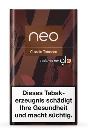 neo Classic Tobacco Packung von neo mit 20 Stück, braune Packung mit weißem Etikett "neo Classic Tobacco designed for glo".