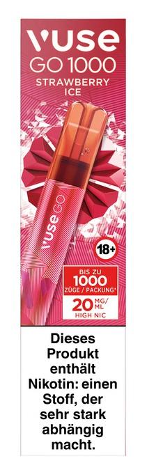 Vuse Go 1000 Vape Stift 1 Packung von Vuse in roter und pinker Box, orangefarbener Vape Stift innen sichtbar, bis zu 1000 Züge.