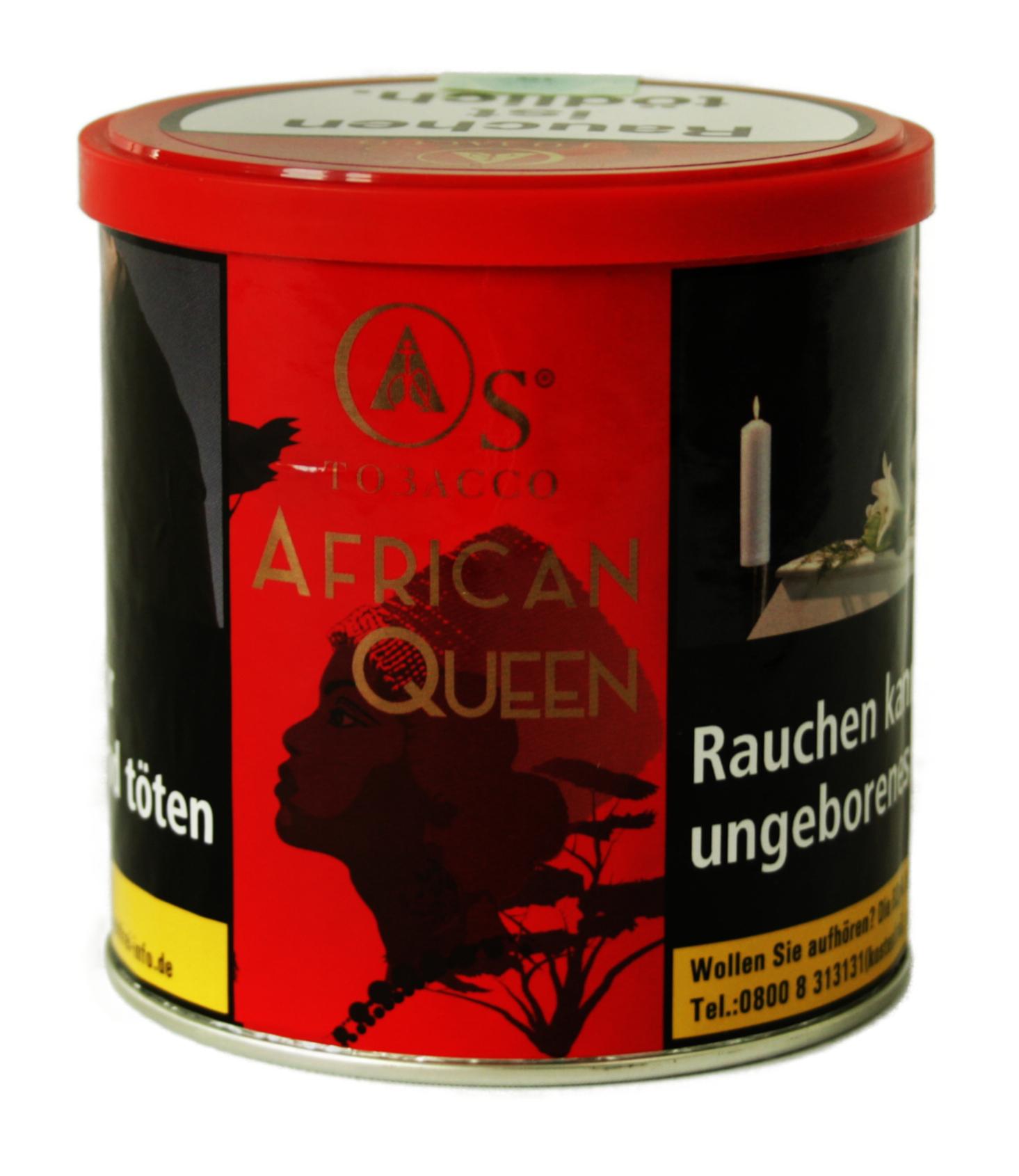 Os Tobacco African Queen Shisha Tabak in einer rot-schwarzen 200 Gramm Dose mit silbernem Deckel, verziert mit einer Silhouette und goldener Schrift.