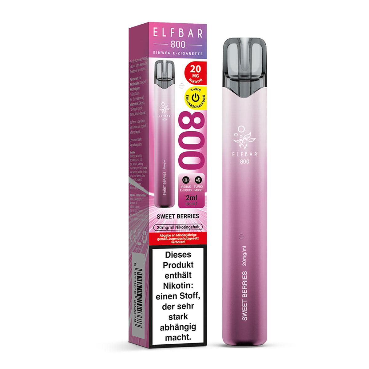 Pinke Elfbar 800 E-Zigarette mit 20 mg/ml Nikotingehalt in der Verpackung, ein Stück als Einzelpackung inklusive Sicherheitshinweisen.