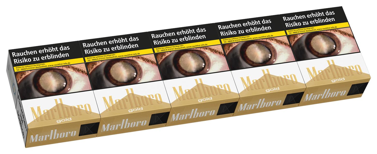 Stange Marlboro Gold 5XL Zigaretten in weiß-goldener Packung mit Augenmotiv und Warnhinweis zum Erblindungsrisiko durch Rauchen, bestehend aus 5 Packungen à 38 Stück.