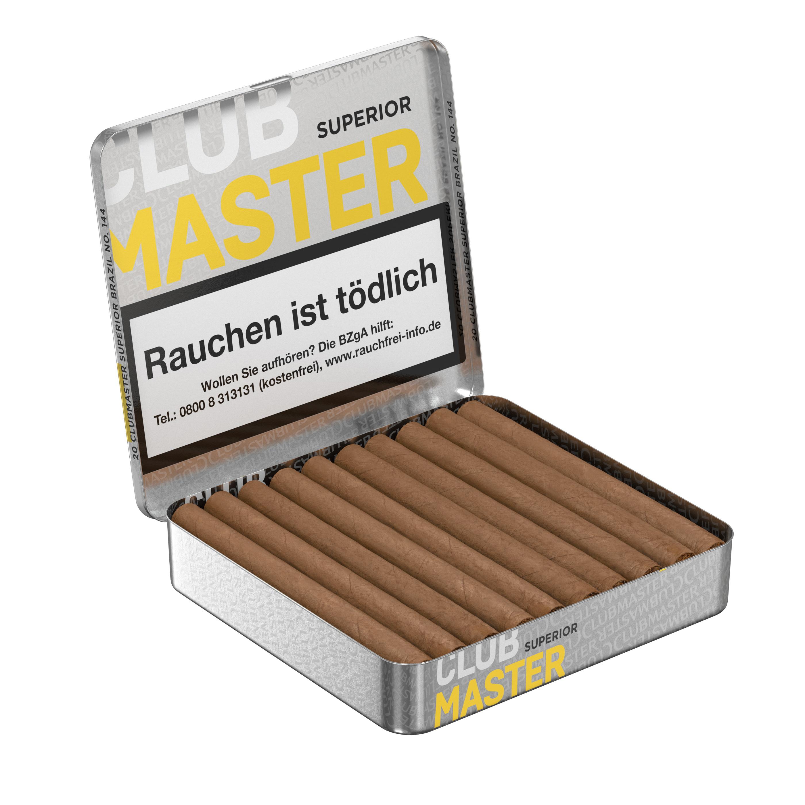 Offene silberne Dose Clubmaster Superior Sumatra Zigarillos mit Naturdeckblatt zeigt Inhalt. Verpackungseinheit: 5 Packungen à 20 Stück.