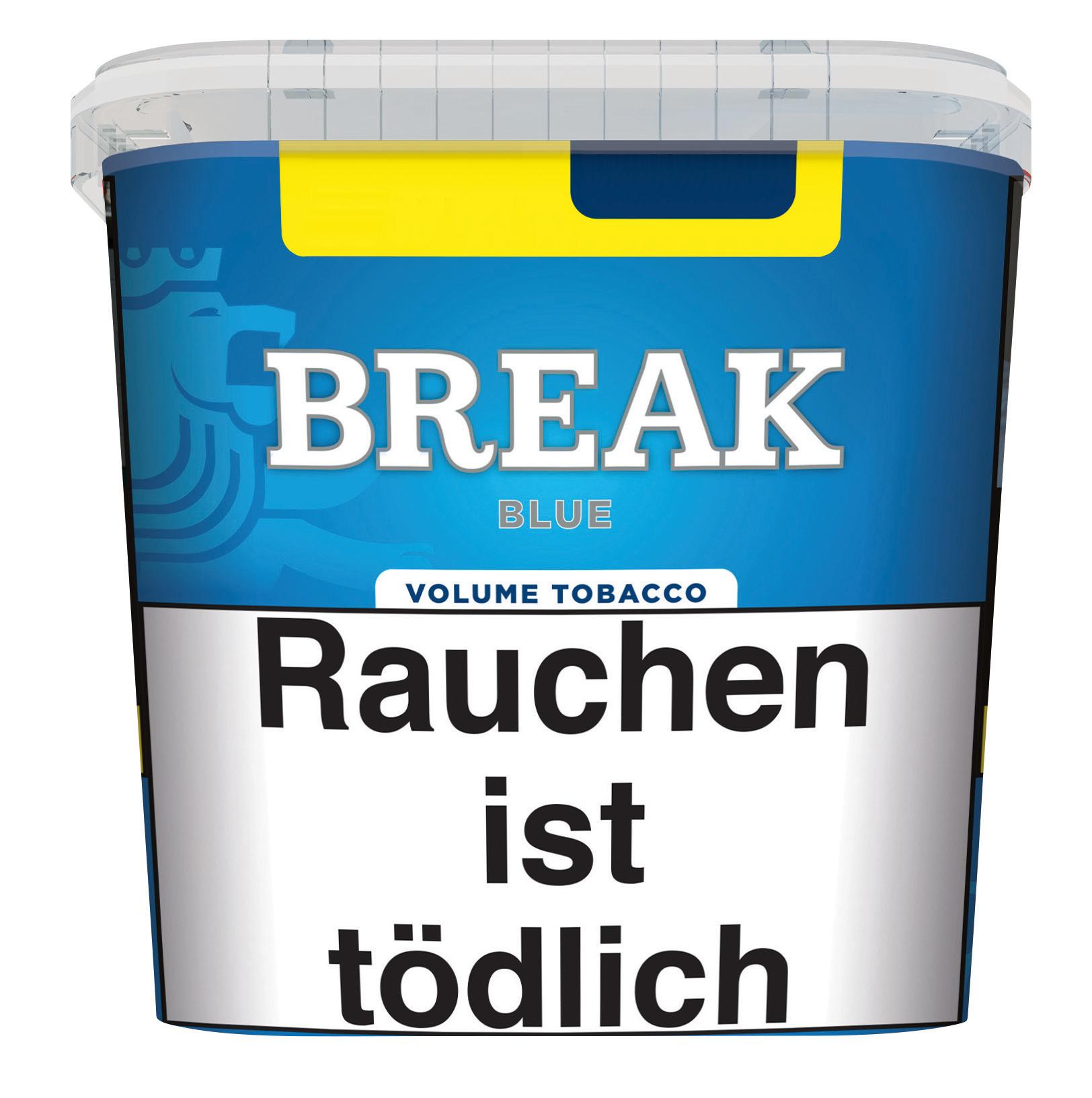 Break Zigarettentabak Blue in einem blauen 205-Gramm-Eimer aus Kunststoff mit weißem Deckel und gelbem Streifen, etikettiert mit 'BREAK BLUE', 'Volume Tobacco' und einem Löwenkopf, sowie dem Warnhinweis 'Rauchen ist tödlich'.