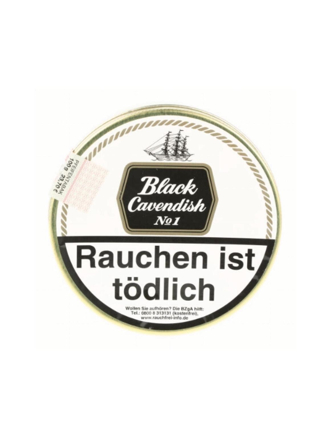 Runde Dose Black Cavendish No. 1 Pfeifentabak mit goldfarbenem Rand, 100 Gramm Inhalt, inklusive gesetzlicher Warnhinweise.