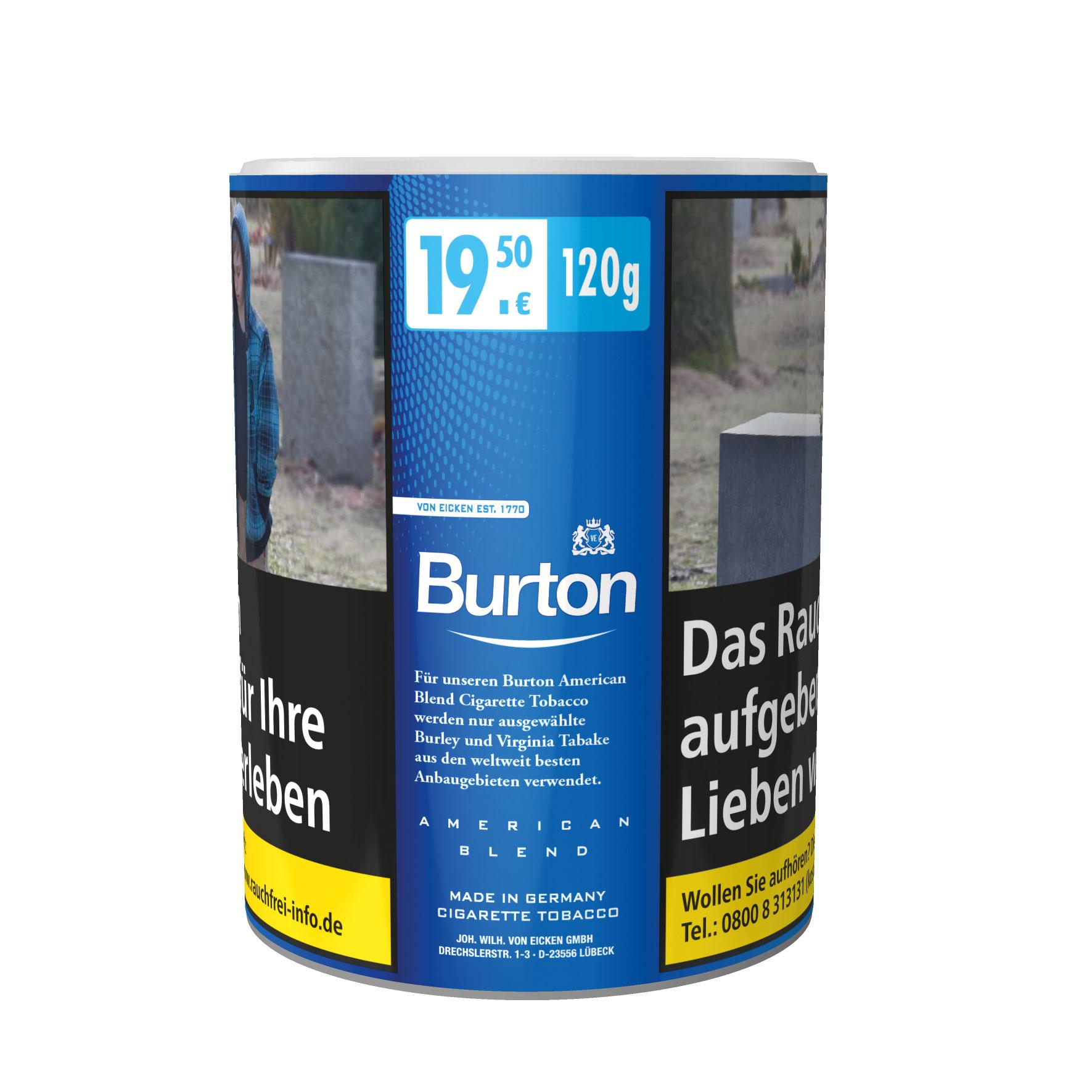 Blaue 120-Gramm-Dose Burton American Blend Zigarettentabak, hergestellt in Deutschland.