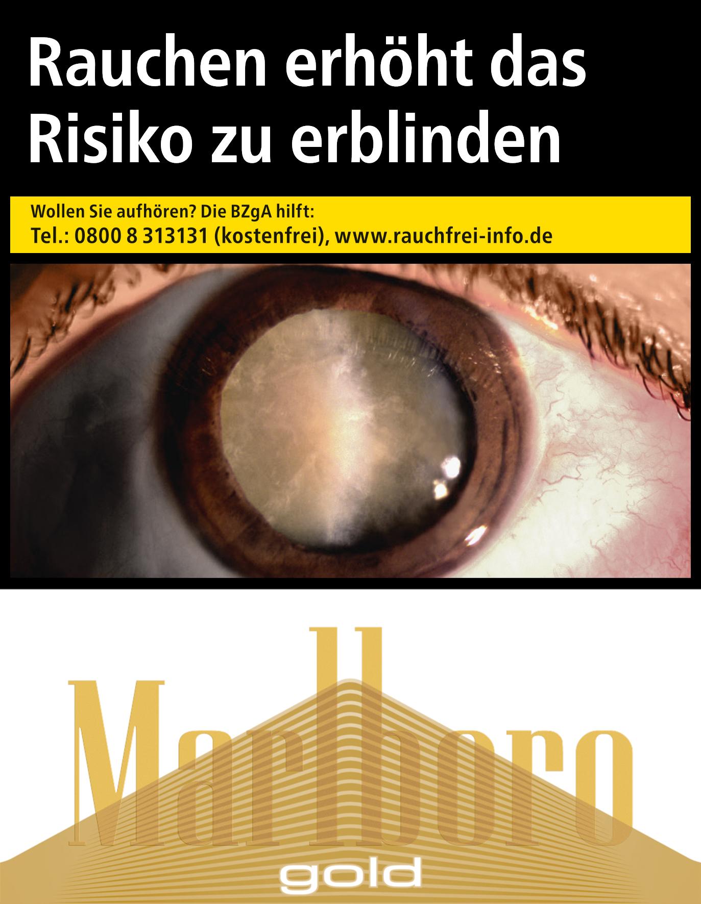 Marlboro Gold 5XL Zigaretten in einer Packung mit 38 Stück. Die Packung zeigt das Marlboro Logo und eine Abbildung eines menschlichen Auges, sowie den deutschen Warnhinweis 'Rauchen erhöht das Risiko zu erblinden' und Kontaktdaten zur Raucherberatung.