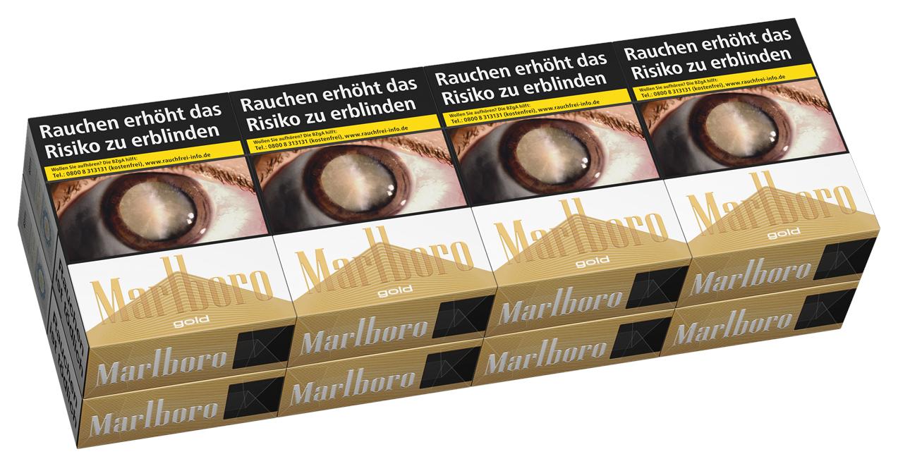 Marlboro Gold XL Zigarettenstange, bestehend aus 8 Packungen à 30 Stück. Die einzelnen goldenen Zigarettenpackungen sind mit dem Marlboro-Logo, dem Schriftzug "Gold", einem Bild eines Auges sowie dem Warnhinweis "Rauchen erhöht das Risiko zu erblinden" in
