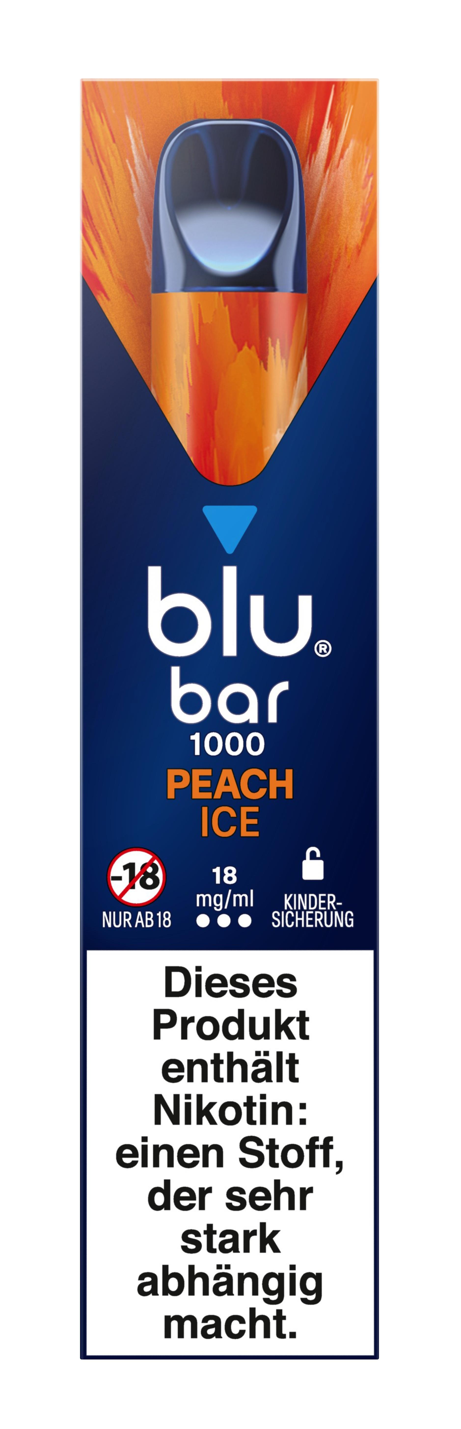 Blaue und orangefarbene Umverpackung der blu bar 1000 Einweg-E-Zigarette mit 18mg Nikotingehalt, 1 Stück Inhalt und Sicherheitshinweisen.