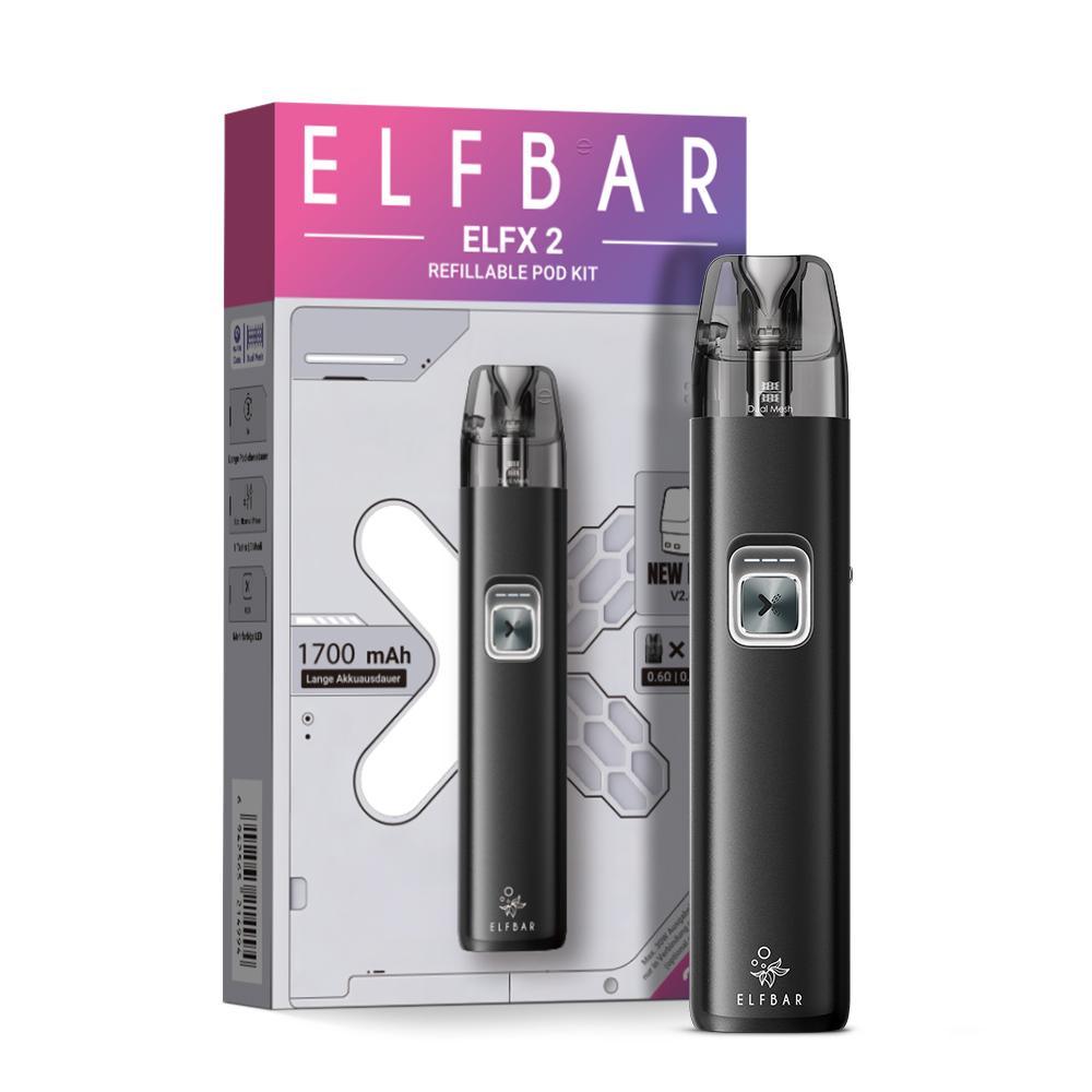 Schwarzes Elfbar ELFX 2 Pod Kit inklusive Verpackung, ausgestattet mit einem 1700 mAh Akku und Dual Mesh V2.0 Pods für den flexiblen Einsatz. 1 Stück.