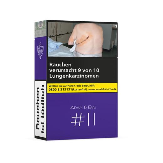 Nameless Adam & Eve #11 Shishatabak 20 Gramm Packung mit Warnhinweis zur Lungenkrankheit und offiziellen Kontaktinformationen für Raucherentwöhnung.