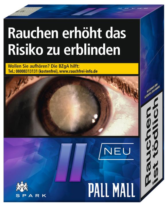 Blau-violette Stange Pall Mall Spark Zigaretten von Pall Mall mit Augen-Motiv, deutschem Schriftzug "New Pall Mall", Hinweis zur Raucherberatung und Aktivkohlefilter für milderen Geschmack.