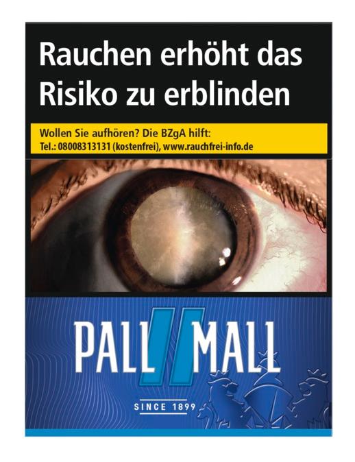 Blaue Packung Pall Mall Zigaretten Blue Giga mit großer Augen-Illustration (American Blend), 1 Packung.