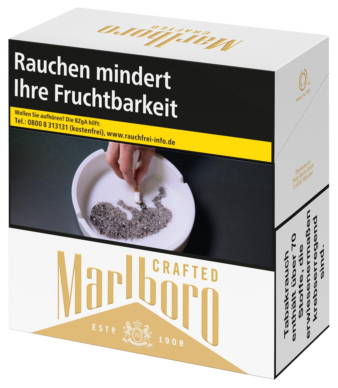 Marlboro Crafted Gold Zigaretten, 60 Stück, in der weißen Box mit schwarzem und gelbem Design, inklusive gesetzlicher Warnhinweise.