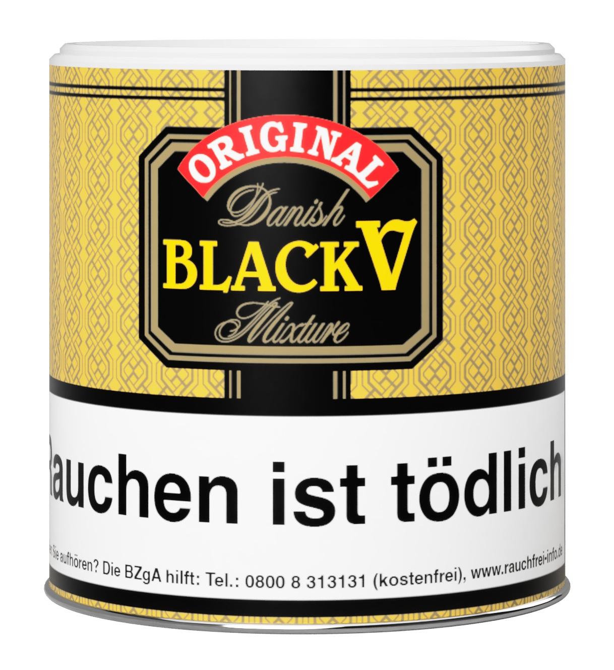 Danish Pfeifentabak Black V in der gelben 125-Gramm-Dose mit schwarzem Zierstreifen und den gesetzlichen Warnhinweisen zur Rauchentwöhnung.