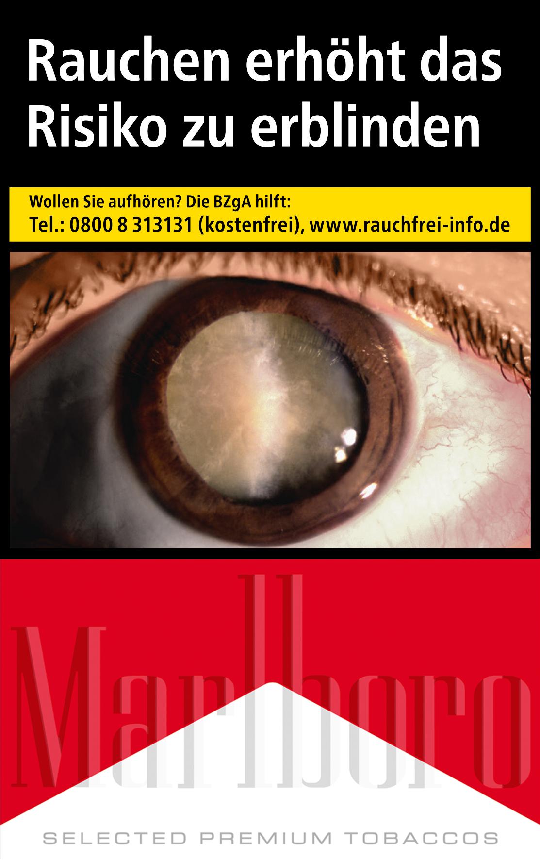 Marlboro Red OP Zigaretten in einer 20er Packung, versehen mit einem deutlichen Warnhinweis, der ein menschliches Auge zeigt und auf das erhöhte Risiko der Erblindung durch Rauchen aufmerksam macht. Der Warnhinweis enthält zusätzlich eine Telefonnummer un