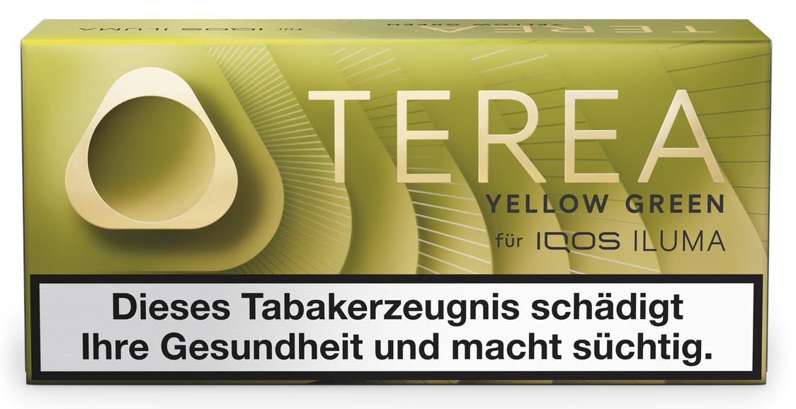 TEREA Yellow Green Tabaksticks für IQOS ILUMA, 1 Stange mit 10 Packungen zu je 20 Stück, inklusive gesetzlichem Sicherheitshinweis zur Gesundheit.