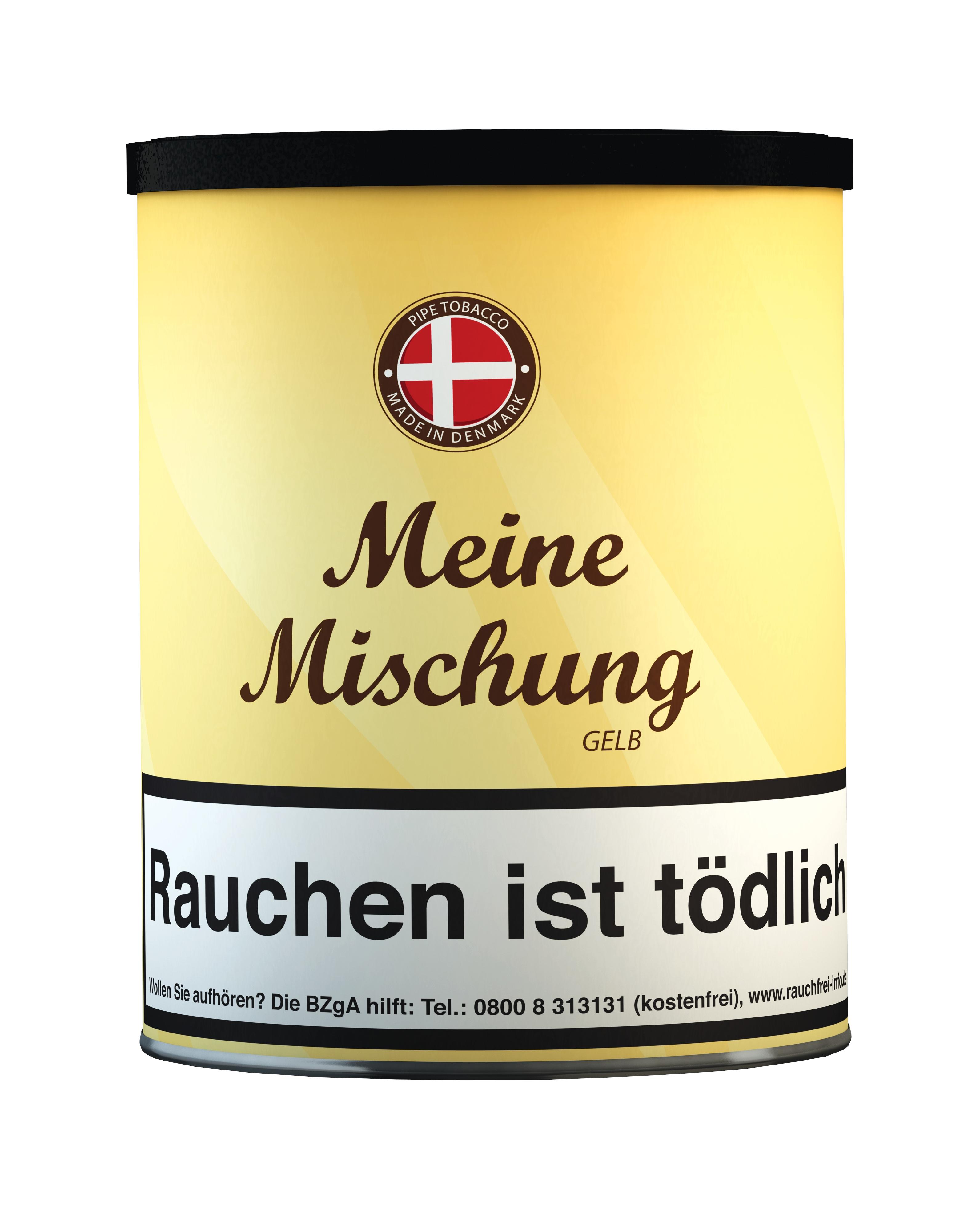 Meine Mischung Pfeifentabak Gelb in einer 200 Gramm Dose, gekennzeichnet mit dem Warnhinweis zum Rauchen.