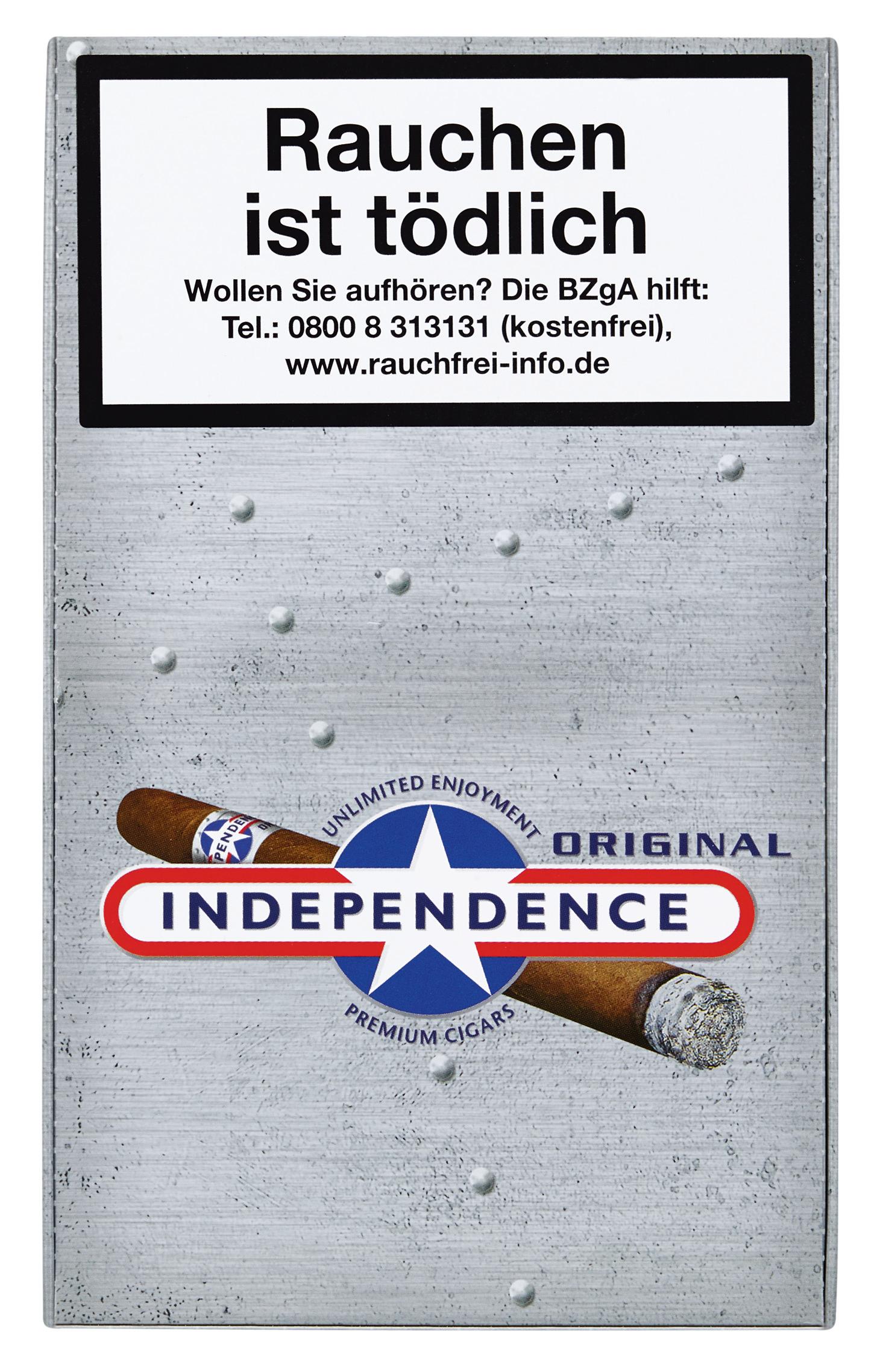 Silber-graue Packung Independence Original Premium Zigarren No. 77 (10er Pack). Die Packung hat einen schwarzen Rand und zeigt eine Abbildung einer Zigarre mit blau-weißem Stern sowie den roten Markennamen "Independence".