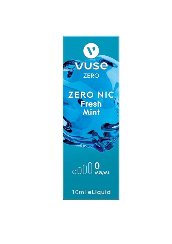 Vuse Liquid Flasche Fresh Mint, nikotinfrei, in einer türkisfarbenen 10-ml-Verpackung mit Markenlogo und deutlich erkennbarer Inhaltsangabe.