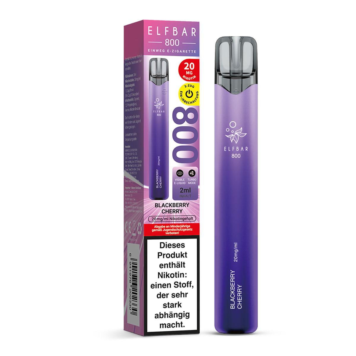 Lila Elf Bar 800 E-Zigarette als Einweg-Pod mit 20 mg/ml Nikotingehalt in der Originalverpackung inklusive Warnhinweisen, 1 Stück.
