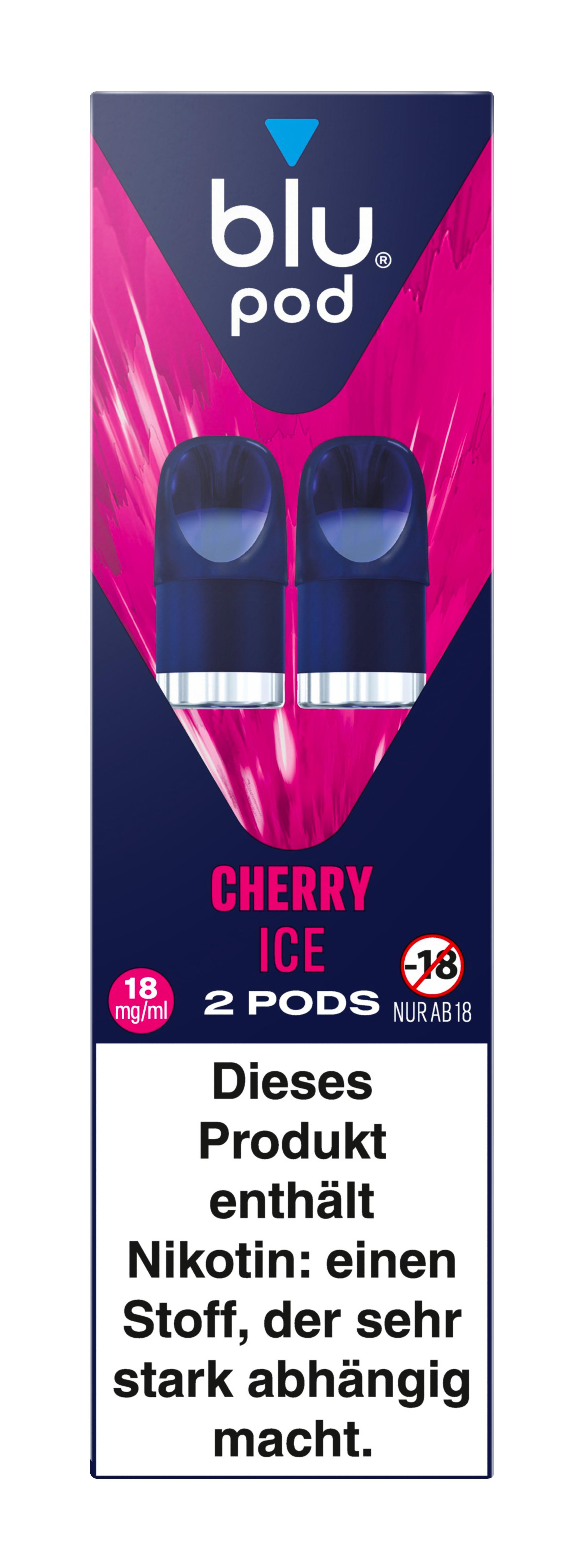 Blaue blu Pod-Verpackung mit zwei Nikotin-Pods, 18 mg/ml Nikotingehalt, Inhalt 2 Stück, inklusive Sicherheitshinweisen zum Produkt.