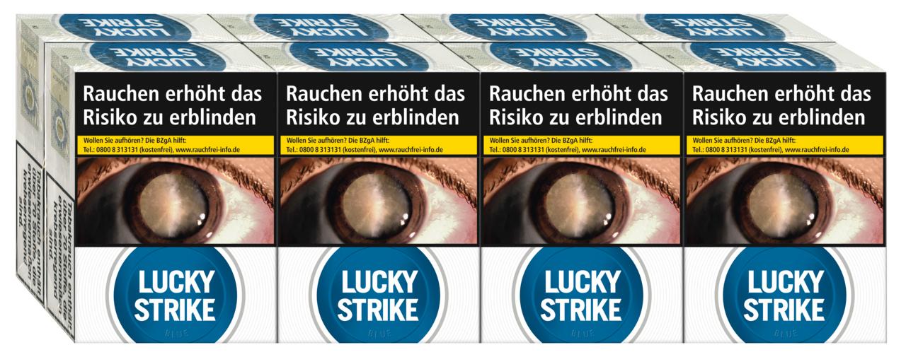 Stange Lucky Strike Blue Giga Zigaretten, bestehend aus 8 Packungen á 25 Stück, in blau-weißer Verpackung mit Augen-Motiv und Warnhinweis 'Rauchen erhöht das Risiko zu erblinden'.